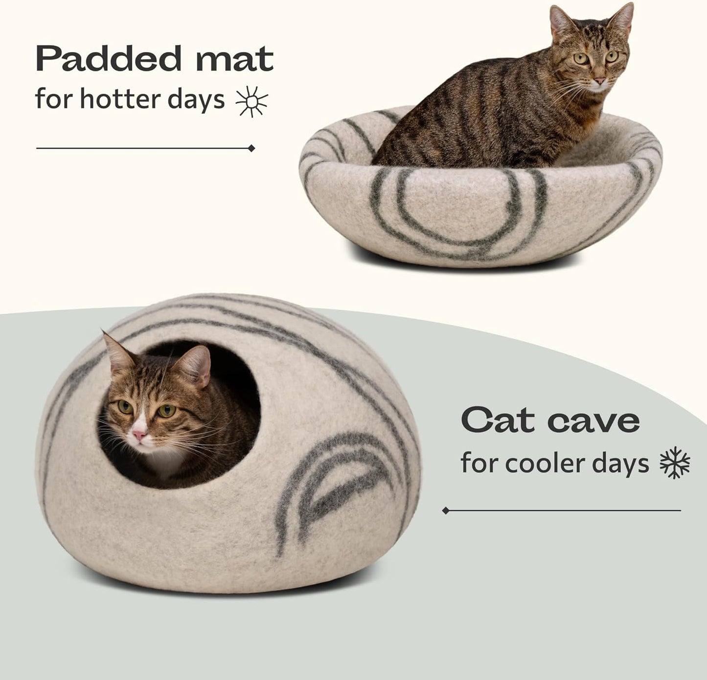 Cat Cave - Merino Wool Bed for Indoor Cats (Light Gray, Medium) | Cat Bed Enclosure, Premium Felt, Handmade, Super Soft, Lightweight, Breathable, Adjustable Shape