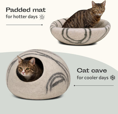 Cat Cave - Merino Wool Bed for Indoor Cats (Light Gray, Medium) | Cat Bed Enclosure, Premium Felt, Handmade, Super Soft, Lightweight, Breathable, Adjustable Shape