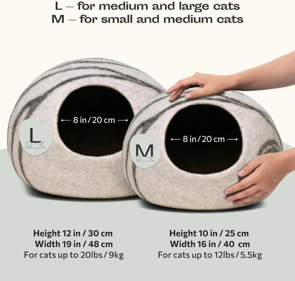 Cat Cave - Merino Wool Bed for Indoor Cats (Light Gray, Medium) | Cat Bed Enclosure, Premium Felt, Handmade, Super Soft, Lightweight, Breathable, Adjustable Shape