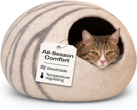 Cat Cave - Merino Wool Bed for Indoor Cats (Light Gray, Medium) | Cat Bed Enclosure, Premium Felt, Handmade, Super Soft, Lightweight, Breathable, Adjustable Shape