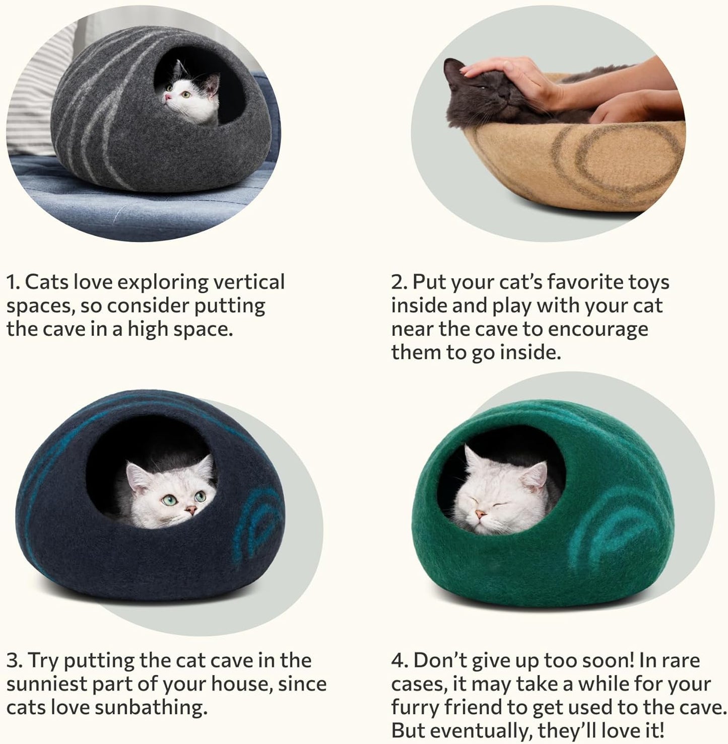 Cat Cave - Merino Wool Bed for Indoor Cats (Light Gray, Medium) | Cat Bed Enclosure, Premium Felt, Handmade, Super Soft, Lightweight, Breathable, Adjustable Shape
