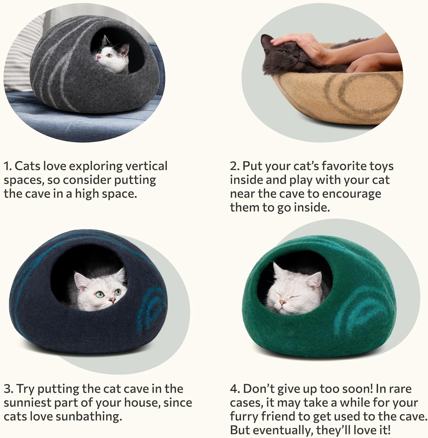 Cat Cave - Merino Wool Bed for Indoor Cats (Light Gray, Medium) | Cat Bed Enclosure, Premium Felt, Handmade, Super Soft, Lightweight, Breathable, Adjustable Shape