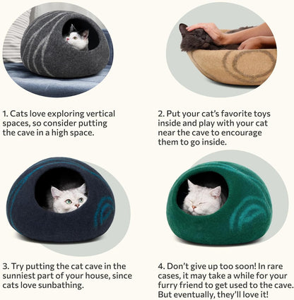 Cat Cave - Merino Wool Bed for Indoor Cats (Light Gray, Medium) | Cat Bed Enclosure, Premium Felt, Handmade, Super Soft, Lightweight, Breathable, Adjustable Shape